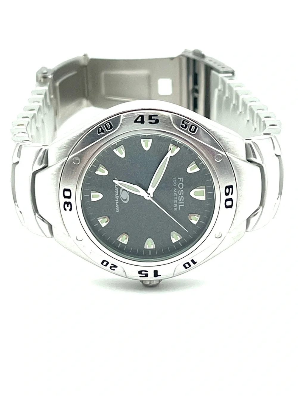 Vintage Fossil Blue Gray Dial Stainless Steel Silver Watch